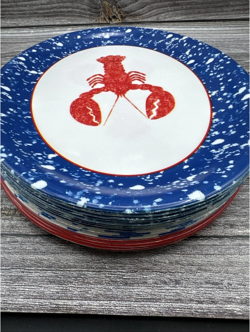 Vintage Lobster Platters Bundle Of 16 Blue Red White Melamine Coastal Beach